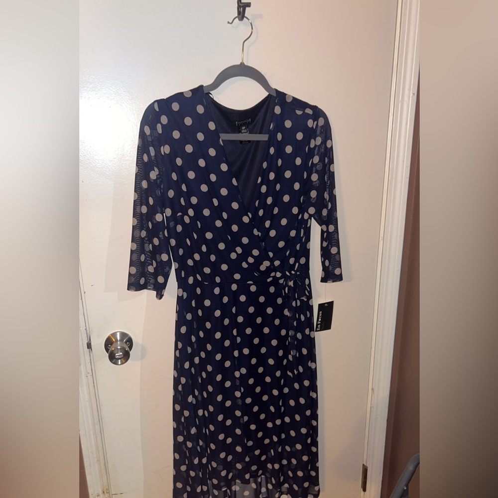 Enfocus Navy Polka Dot Long Sleeve Petite Dress